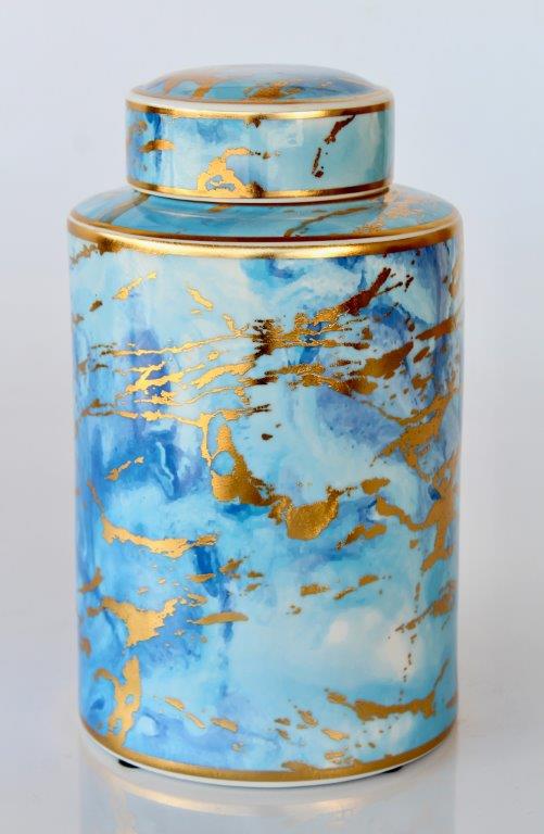 BLUE & GOLD MARBLED JAR WITH LID  30X17CM